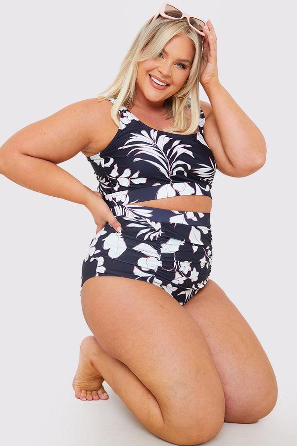 in the style In the Style Control Floral Print Ruched High Waisted Bottoms Black