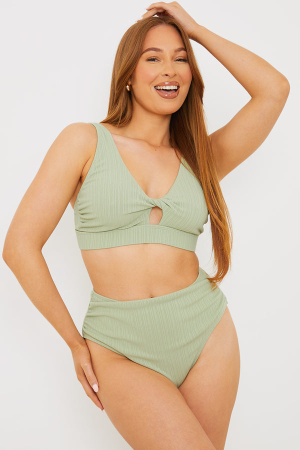 in the style In the Style Control High Waisted Rib Bikini Bottoms Sage