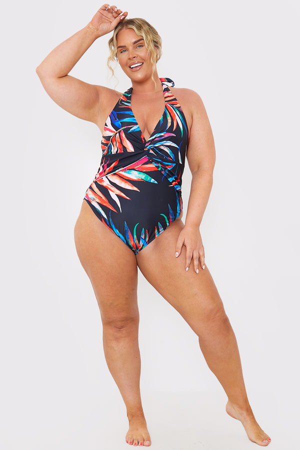 In The Style In The Style Control Palm Print Twist Front Halter Neck Swimsuit Multi
