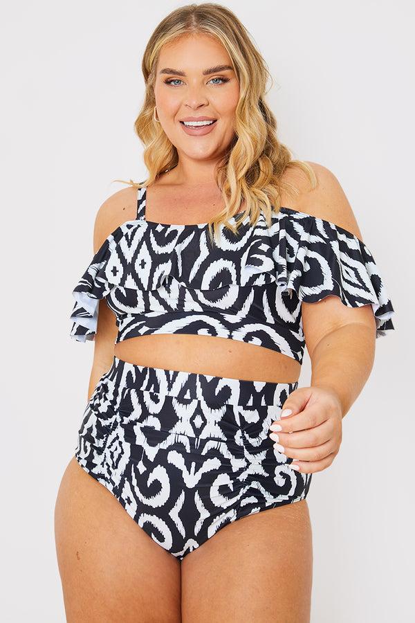 in the style In the Style Control Printed High Waist Ruched Detail Bikini Bottom Monochrome