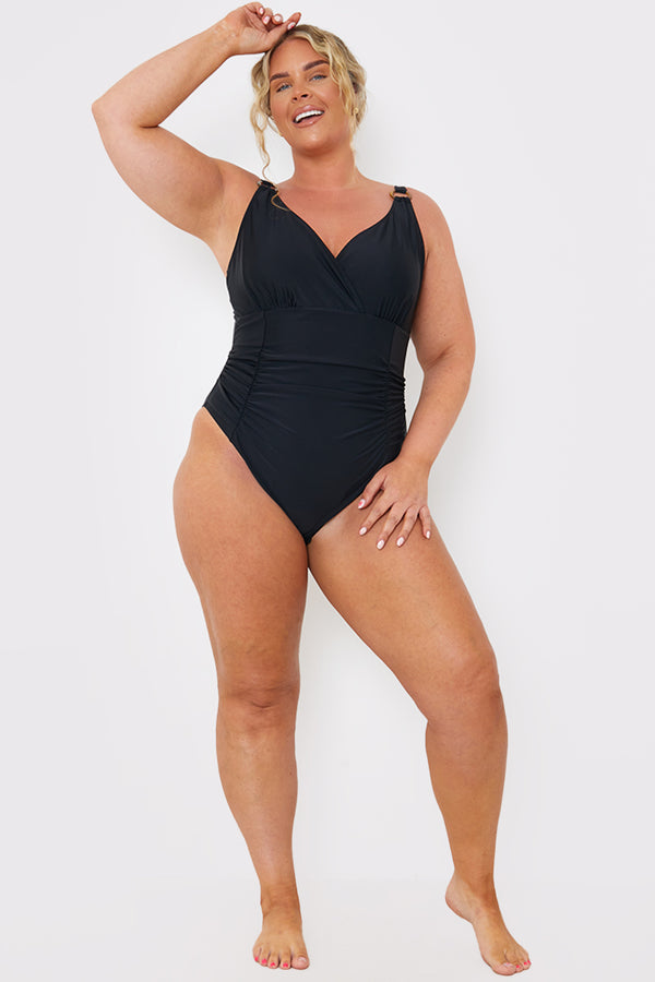 In The Style In The Style Control Ring Detail Ruched Swimsuit Black