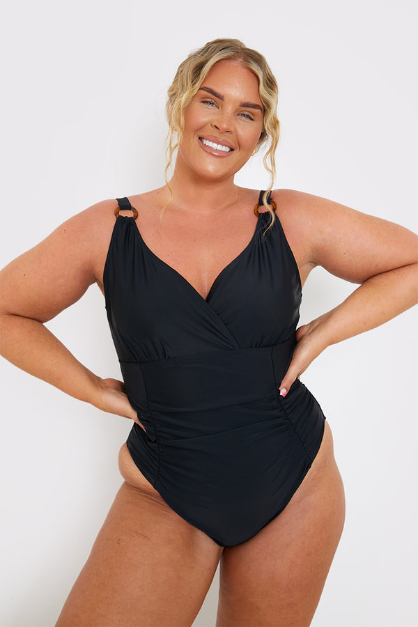 in the style In the Style Control Ring Detail Ruched Swimsuit Black