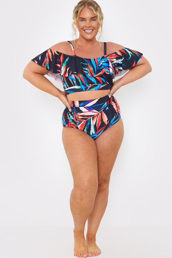 In The Style In The Style Control Ruched Detail Palm Print Bikini Bottom Black