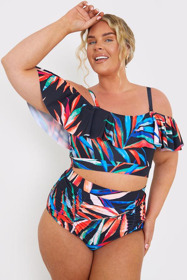 in the style In the Style Control Ruched Detail Palm Print Bikini Bottom Black