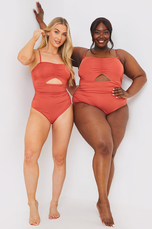 In The Style In The Style Control Ruched Front Cut Out Swimsuit Rust