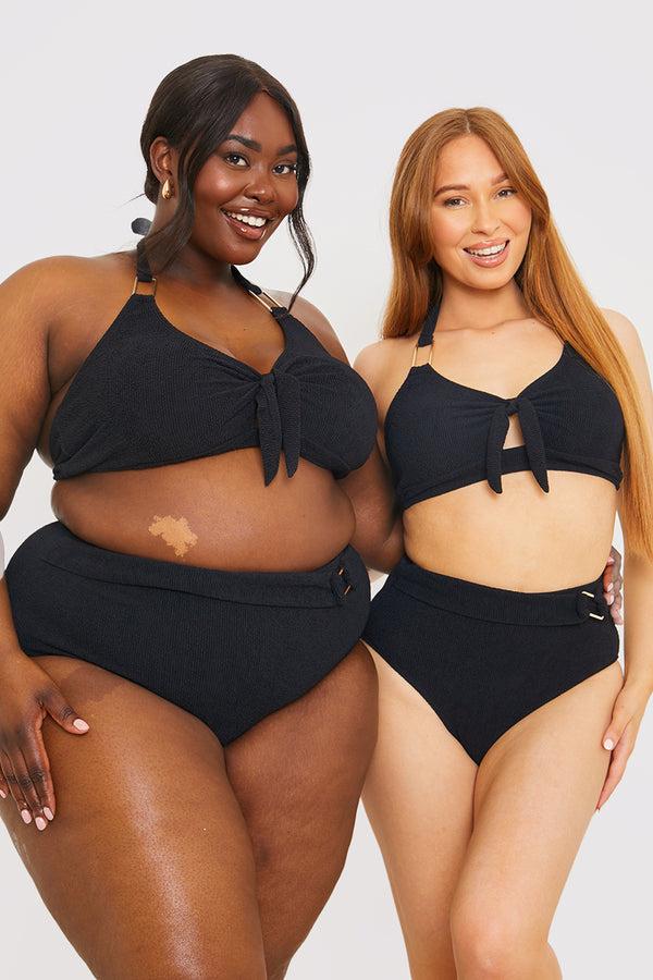 In The Style In The Style Control Textured Gold Bar Detail High Waisted Bikini Bottom Black