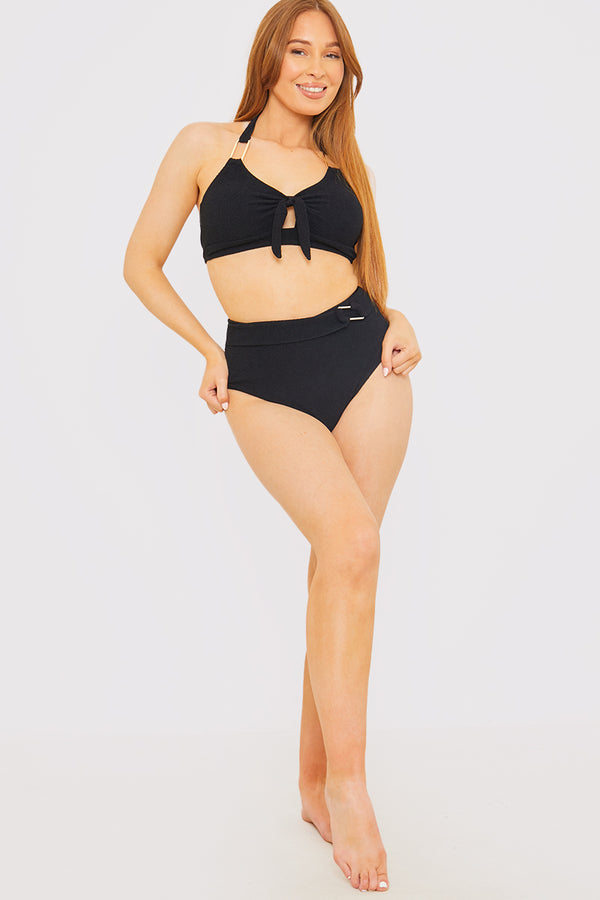 In The Style In The Style Control Textured Gold Bar Detail High Waisted Bikini Bottom Black