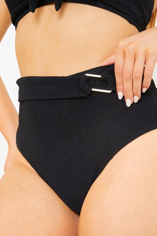 In The Style In The Style Control Textured Gold Bar Detail High Waisted Bikini Bottom Black
