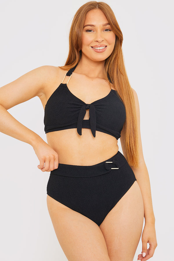 in the style In the Style Control Textured Gold Bar Detail High Waisted Bikini Bottom Black