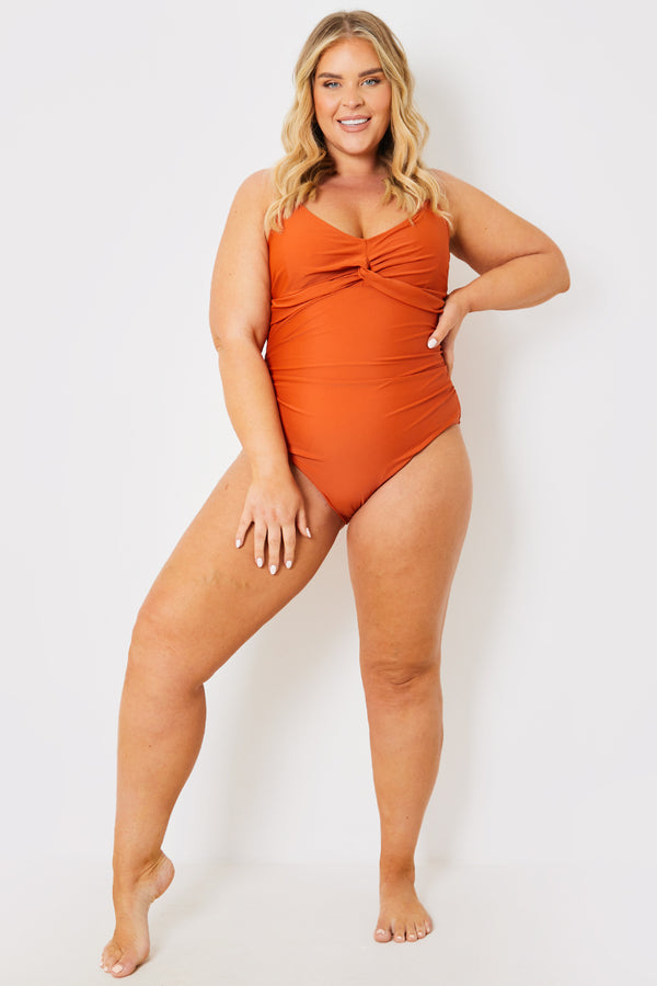 In The Style In The Style Control Twist Front Gold Bar Swimsuit Orange