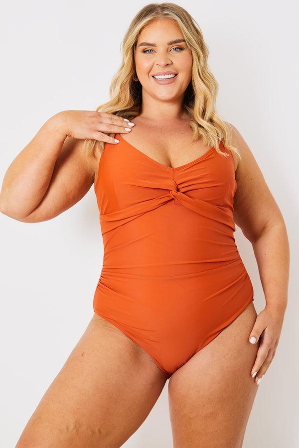 in the style In the Style Control Twist Front Gold Bar Swimsuit Orange