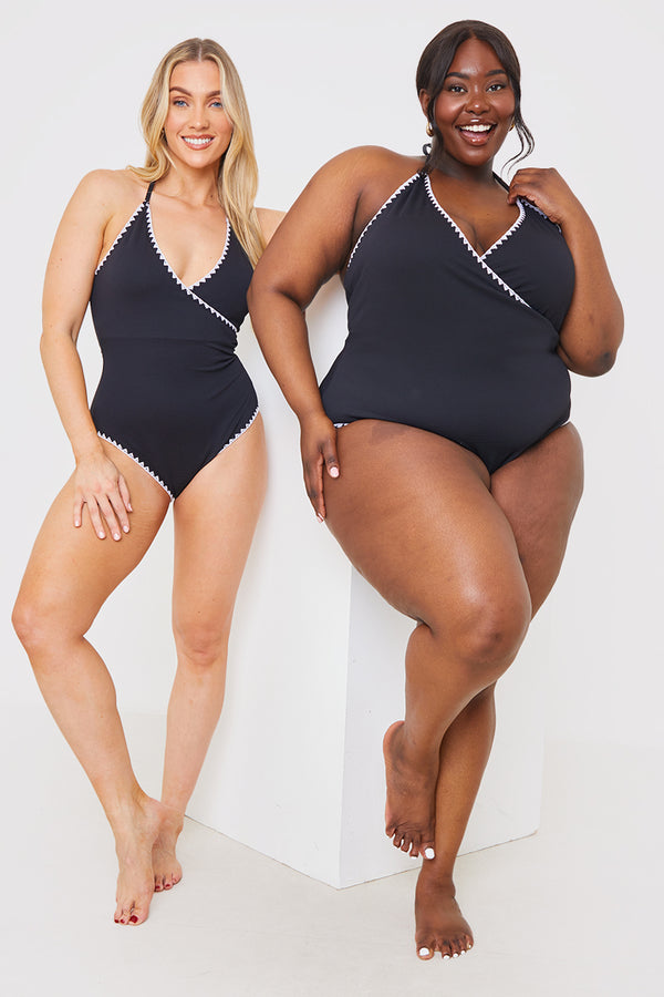 In The Style In The Style Control Whipstitch Trim Wrap Front Swimsuit Black