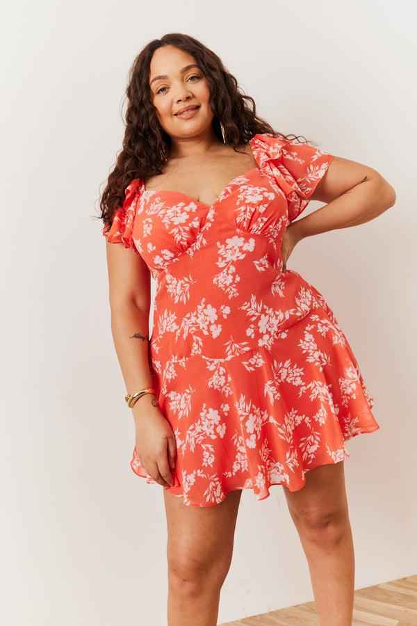 In The Style In The Style Coral Floral Print Chiffon Flutter Sleeve Mini Dress Coral