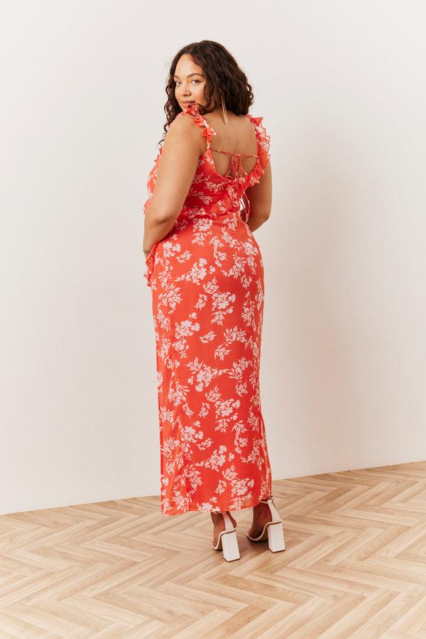 In The Style In The Style Coral Floral Print Chiffon Frill Detail Maxi Dress Coral
