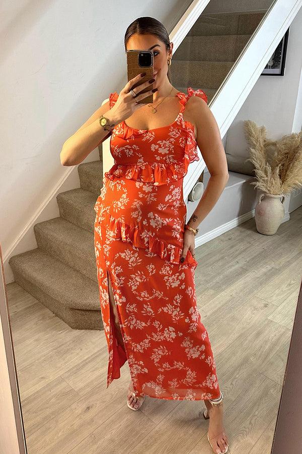 In The Style In The Style Coral Floral Print Chiffon Frill Detail Maxi Dress Coral