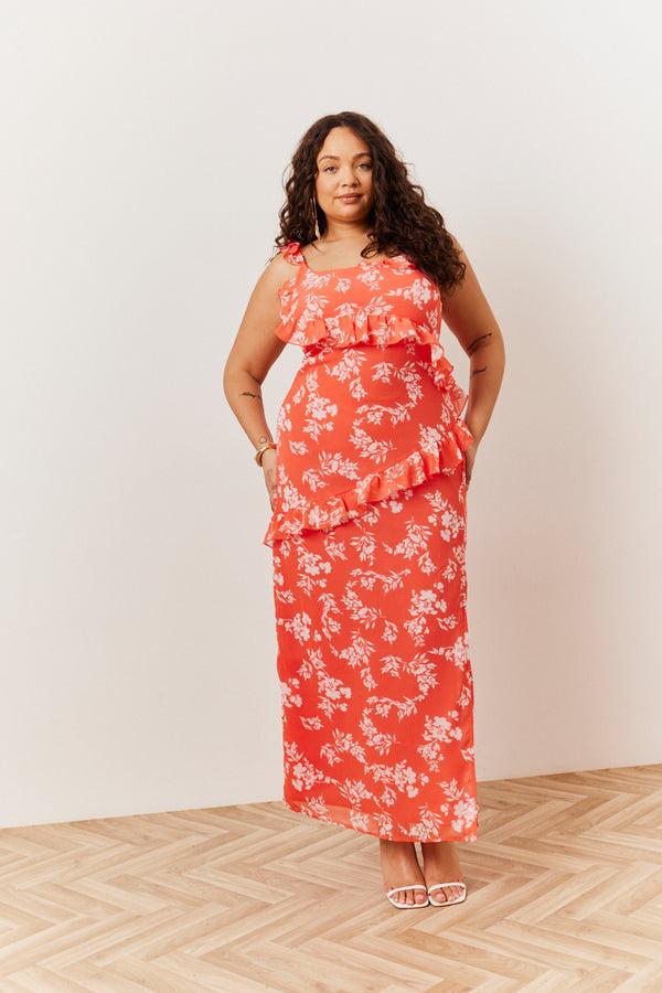 in the style In The Style Coral Floral Print Chiffon Frill Detail Maxi Dress Coral