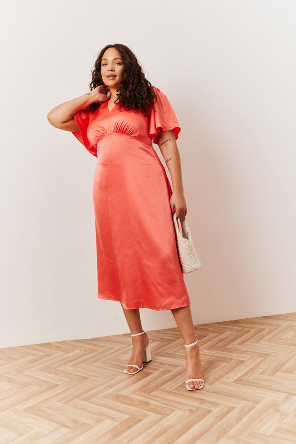 in the style In The Style Coral Satin Flutter Sleeve Midaxi Slip Dress Coral