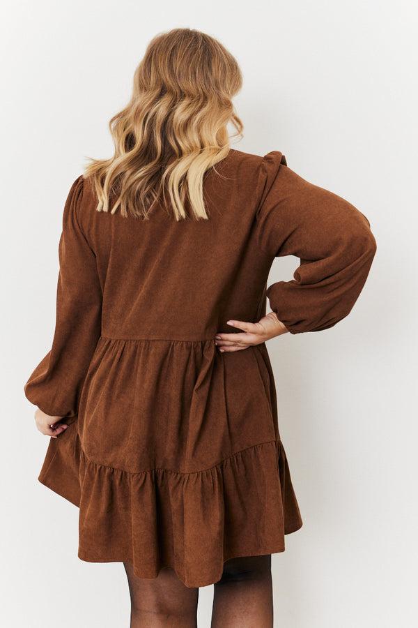 In The Style In The Style Corduroy Balloon Sleeve Button Up Tiered Smock Dress Brown