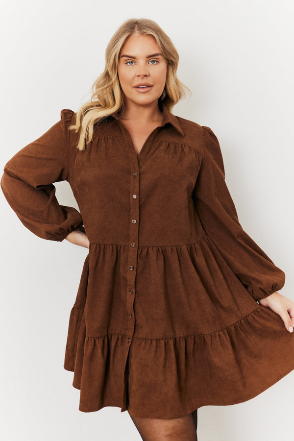 in the style In the Style Corduroy Balloon Sleeve Button up Tiered Smock Dress Brown