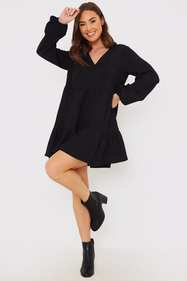 In The Style In The Style Corduroy Collared Smock Dress Black