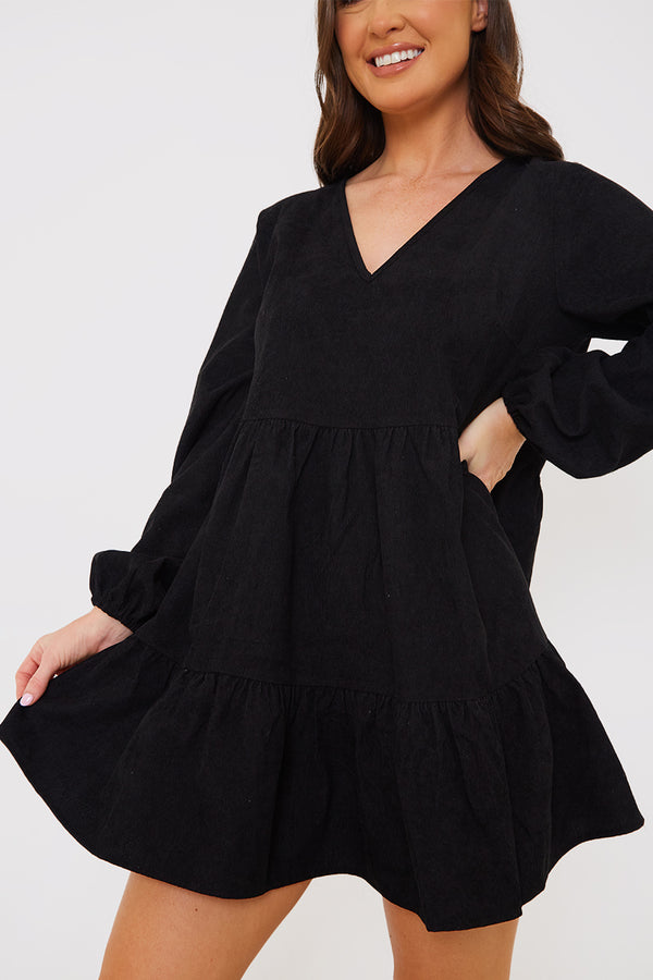 In The Style In The Style Corduroy Collared Smock Dress Black