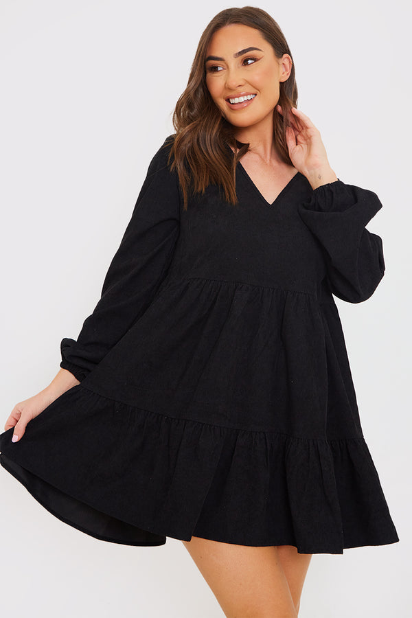 in the style In the Style Corduroy Collared Smock Dress Black