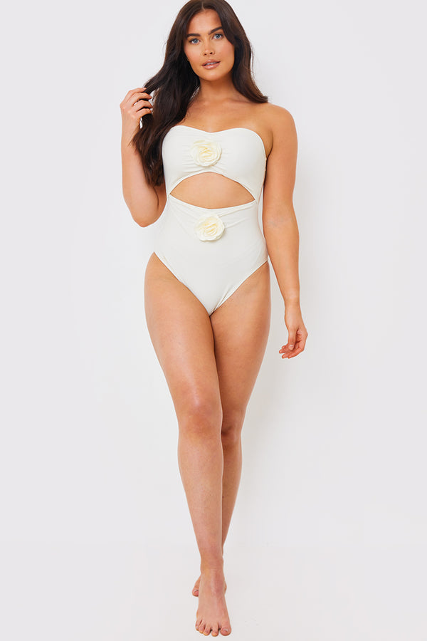 In The Style In The Style Corsage Detail Bandeau Swimsuit Cream