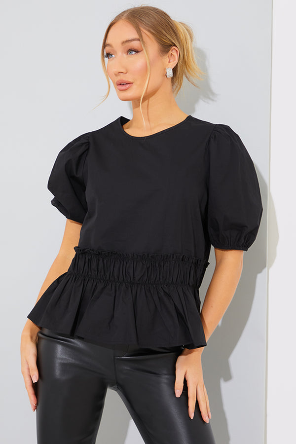 In The Style In The Style Cotton Frill Peplum Blouse Black