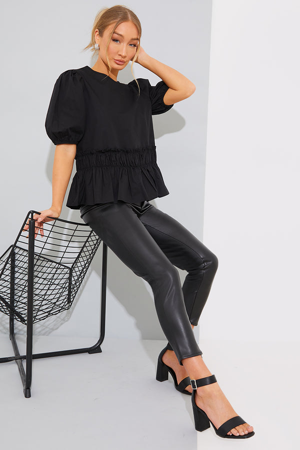 In The Style In The Style Cotton Frill Peplum Blouse Black