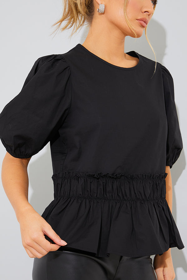 In The Style In The Style Cotton Frill Peplum Blouse Black