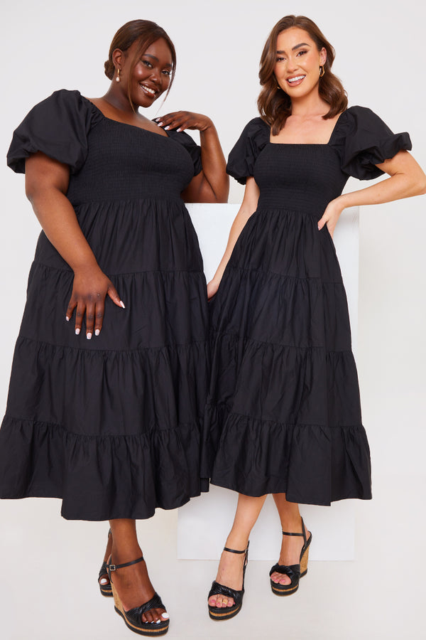 In The Style In The Style Cotton Poplin Shirred Bust Midi Dress Black