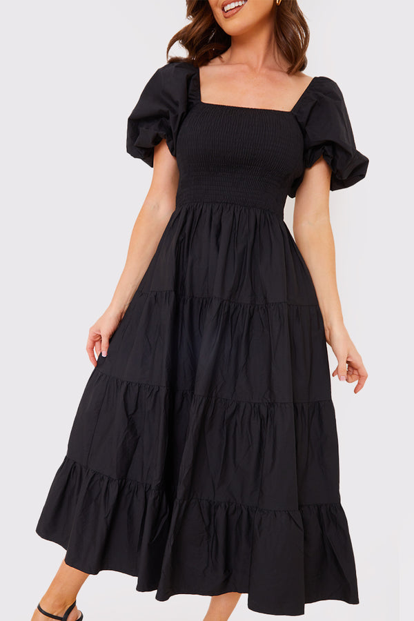 In The Style In The Style Cotton Poplin Shirred Bust Midi Dress Black