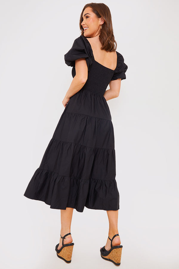 In The Style In The Style Cotton Poplin Shirred Bust Midi Dress Black