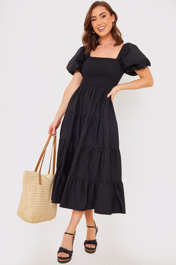 in the style In the Style Cotton Poplin Shirred Bust Midi Dress Black