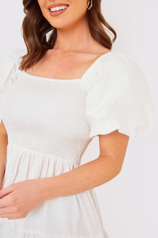 In The Style In The Style Cotton Poplin Shirred Bust Mini Dress White