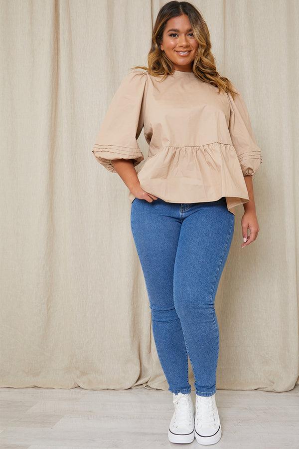 In The Style In The Style Cotton Puff Sleeve Tie Back Blouse Stone