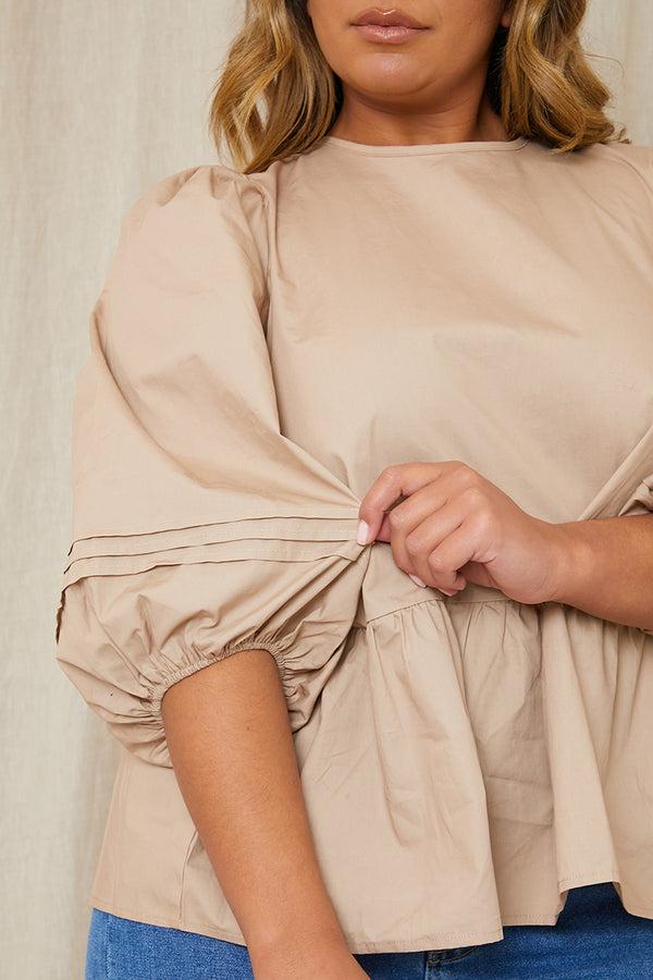 In The Style In The Style Cotton Puff Sleeve Tie Back Blouse Stone