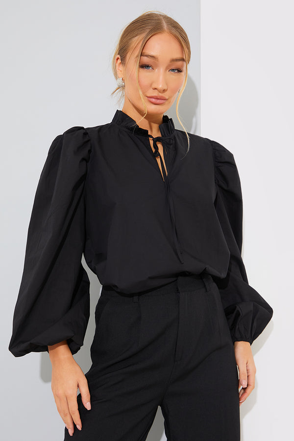 In The Style In The Style Cotton Puff Sleeve Tie Front Blouse Black