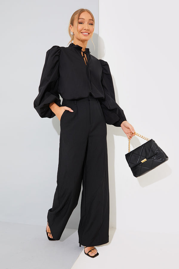 In The Style In The Style Cotton Puff Sleeve Tie Front Blouse Black
