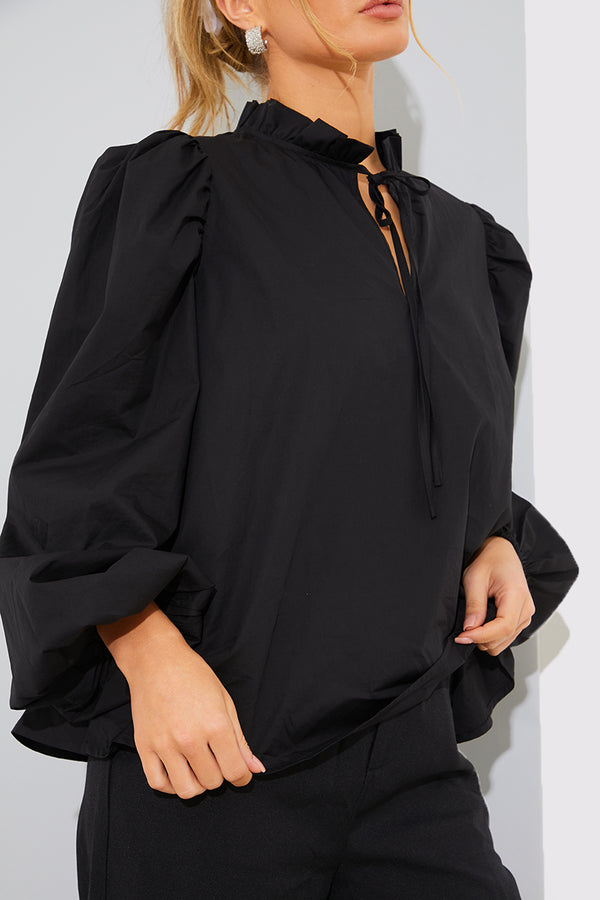 In The Style In The Style Cotton Puff Sleeve Tie Front Blouse Black