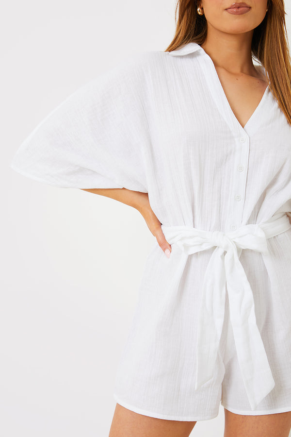 In The Style In The Style Cotton Relaxed Batwing Belted Playsuit White