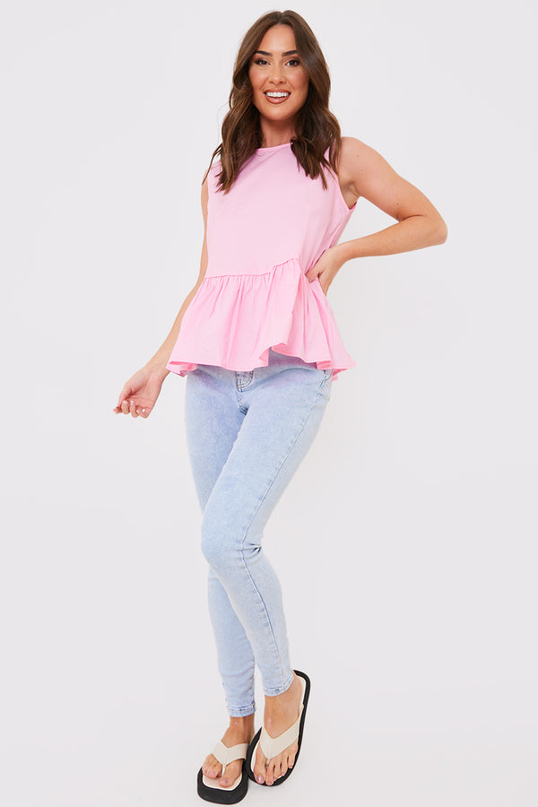 In The Style In The Style Cotton Sleeveless Peplum Blouse Pink