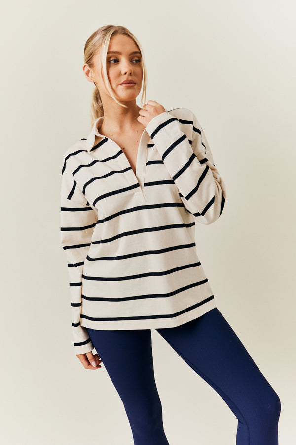in the style In The Style Cream & Black 90's Stripe Long Sleeve Rugby Shirt Multi