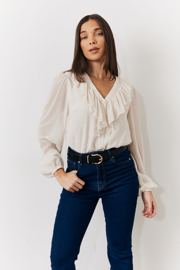 in the style In the Style Cream Button Front Frill Bodysuit Cream