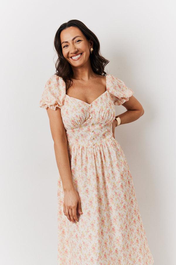 In The Style In The Style Cream Floral Print Puff Sleeve Milkmaid Midi Dress Multi