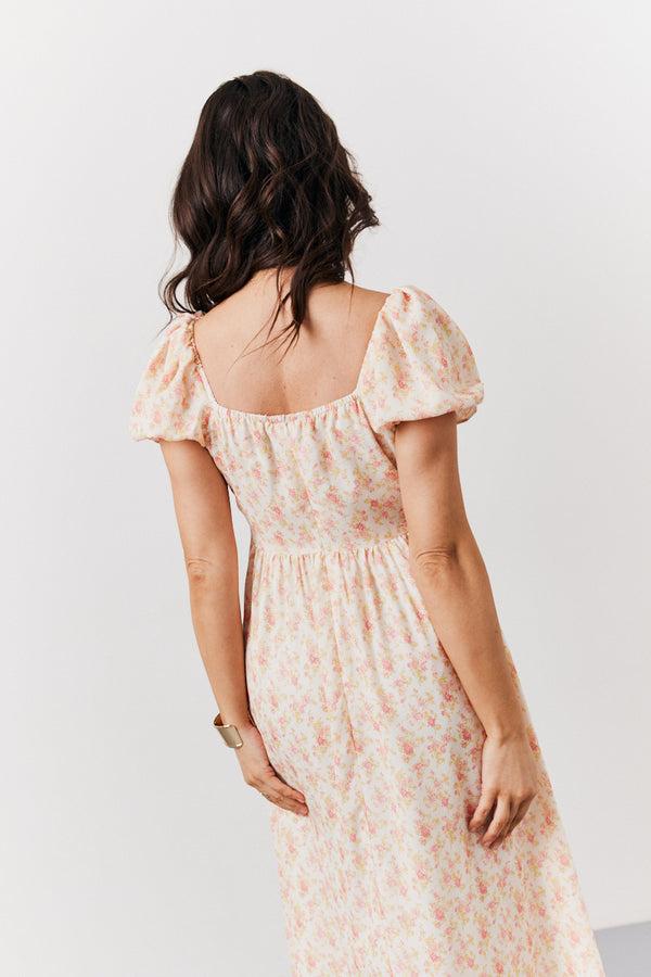 In The Style In The Style Cream Floral Print Puff Sleeve Milkmaid Midi Dress Multi