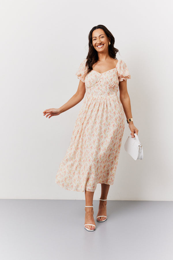in the style In The Style Cream Floral Print Puff Sleeve Milkmaid Midi Dress Multi