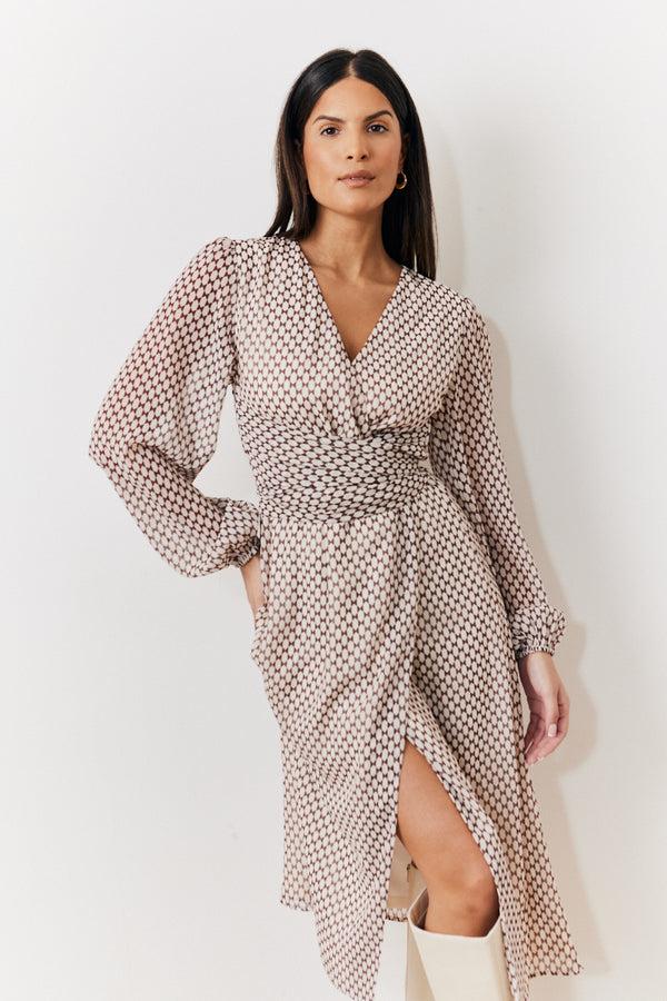 In The Style In The Style Cream Geometric Print Chiffon Balloon Sleeve Wrap Midi Dress Brown