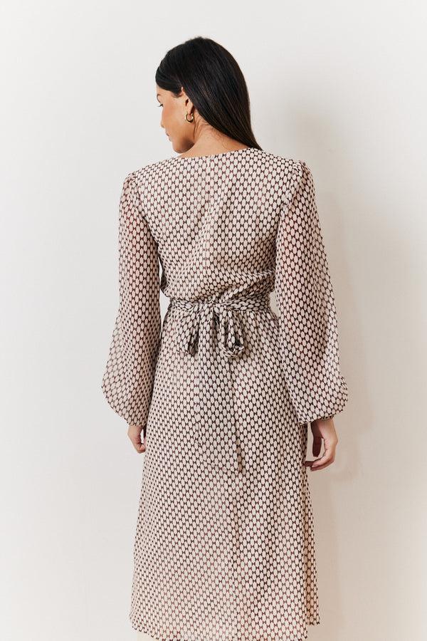 In The Style In The Style Cream Geometric Print Chiffon Balloon Sleeve Wrap Midi Dress Brown