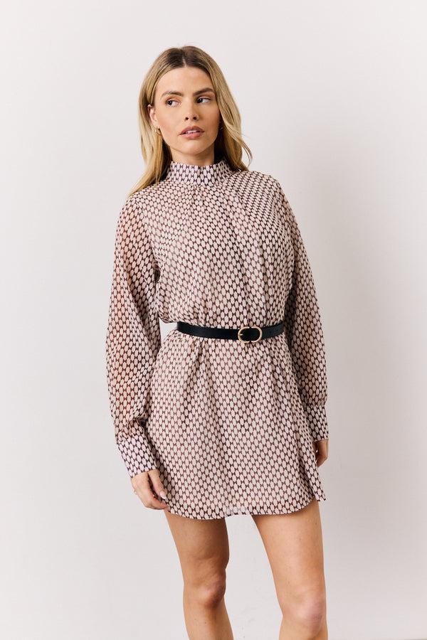 In The Style In The Style Cream Geometric Print Chiffon High Neck Mini Swing Dress Cream